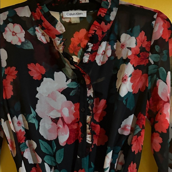 Calvin Klein Floral Long Sleeve Dress - Black and Red - Picture 5 of 8